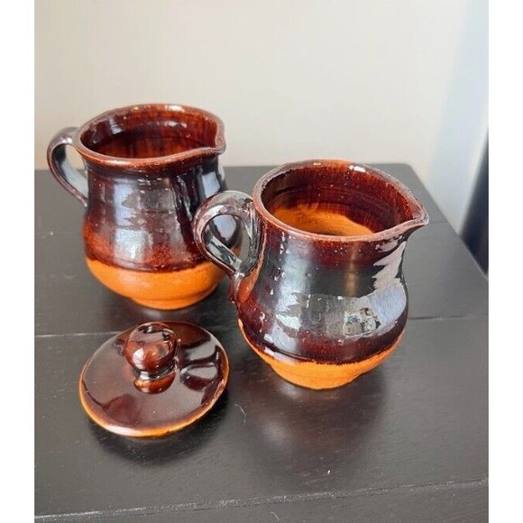 Set of vintage cream and sugar pottery with lid - Picture 7 of 10